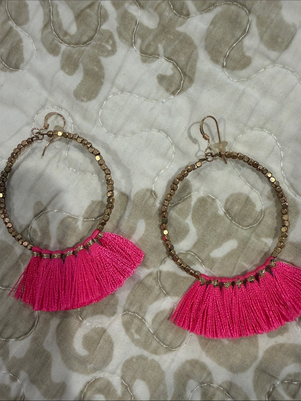 Gold Hoop Earrings with Hot Pink Tassels - Women's Statement Jewelry